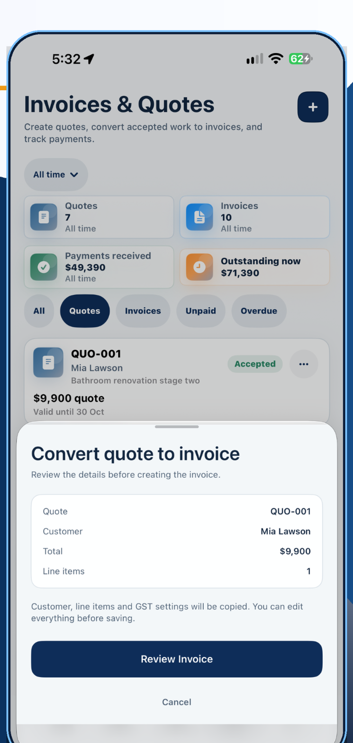 Vantice quote to invoice workflow screenshot